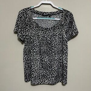 Notations Women's Blouse PXL Black White Animal Print Embellished Short Sleeve